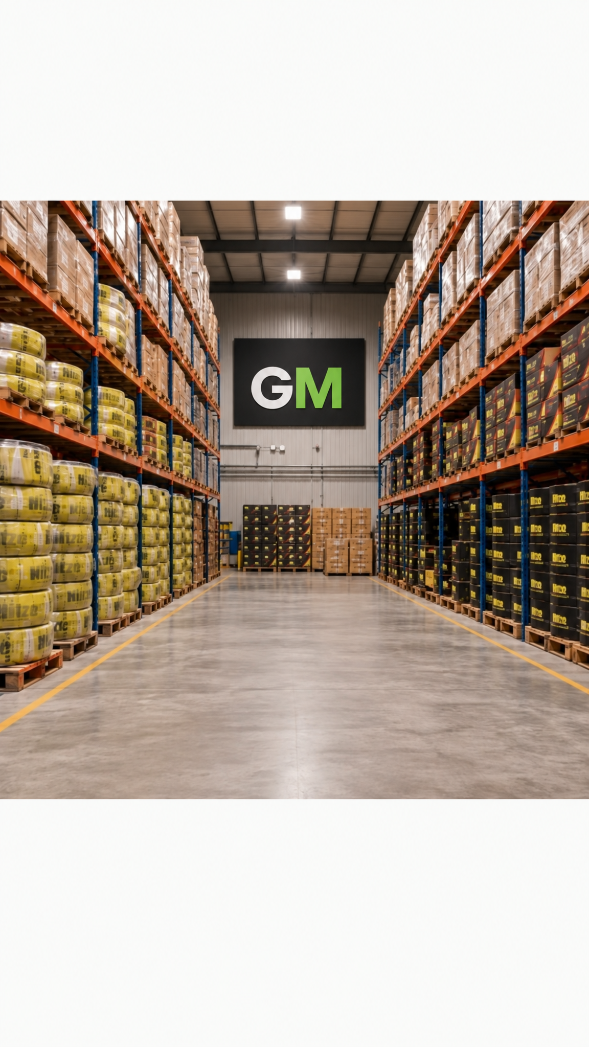 GM logolu depo rafları ve paletli ürünler